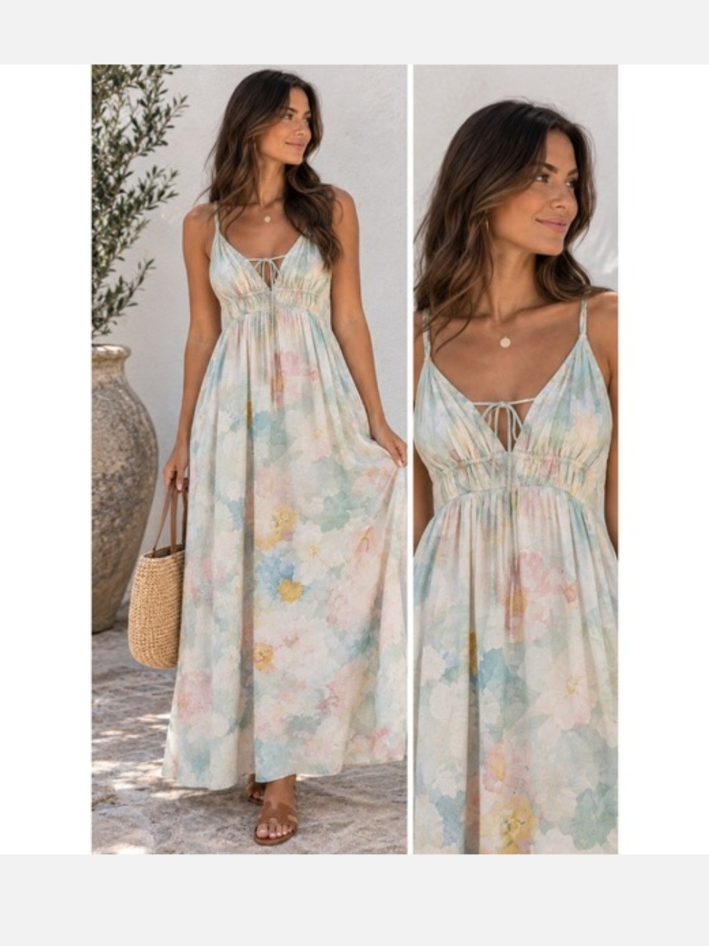 H&M Pastel Floral Spaghetti-Strap Maxi Dress XL